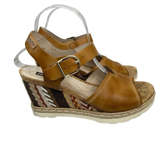 PIKOLINOS Women's 41 EU / 10.5-11 US Tribal Print Wedge Sandals Tan Leather - Picture 1 of 15